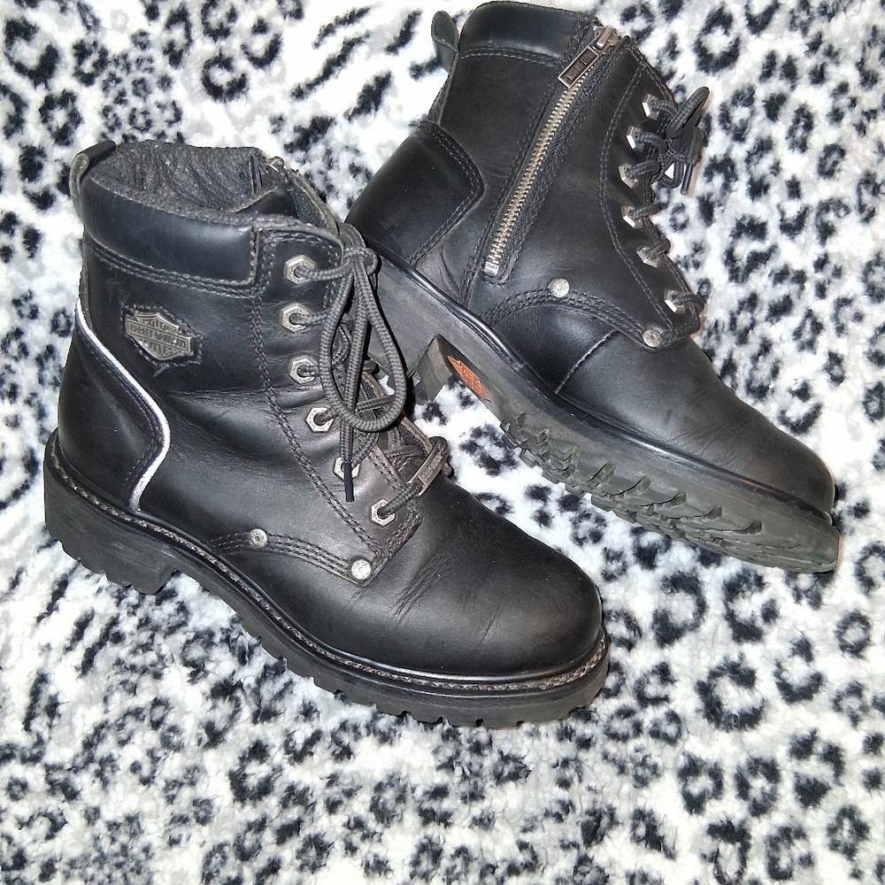 Harley-Davidson Black Leather Lace-Up Ankle Boots with Side Zipper - Picture 2 of 6
